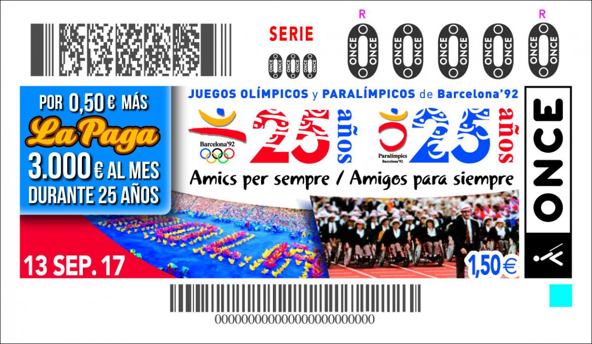  El 25è aniversari dels Jocs Olímpics i Paralímpics de Barcelona’92 va protagonitzar el cupó de l’ONCE de dimecres 13 de setembre. Cinc milions i mig de cupons van portar aquesta efemèride per tot l’Estat.