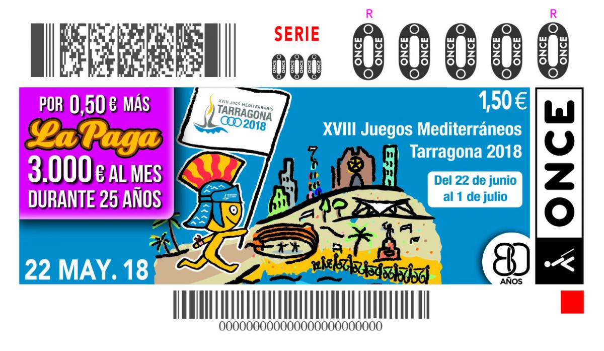 L’ONCE dedica el seu cupó del proper dimarts  22 de maig als XVIII Jocs Mediterranis de Tarragona 2018, que tindran lloc del 22 de juny a l’1 de juliol. Cinc milions i mig de cupons difondran aquest esdeveniment esportiu. 