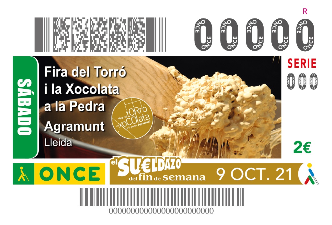  Cupó que l’ONCE dedicà el  9 d’octubre a La Fira del Torró i la Xocolata a la Pedra d’Agramunt.