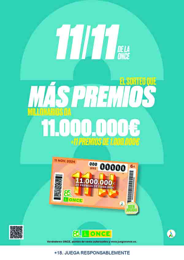 Cartel publicitario Sorteo Extra del 11 del 11 de la ONCE (Abrir en nueva ventana)