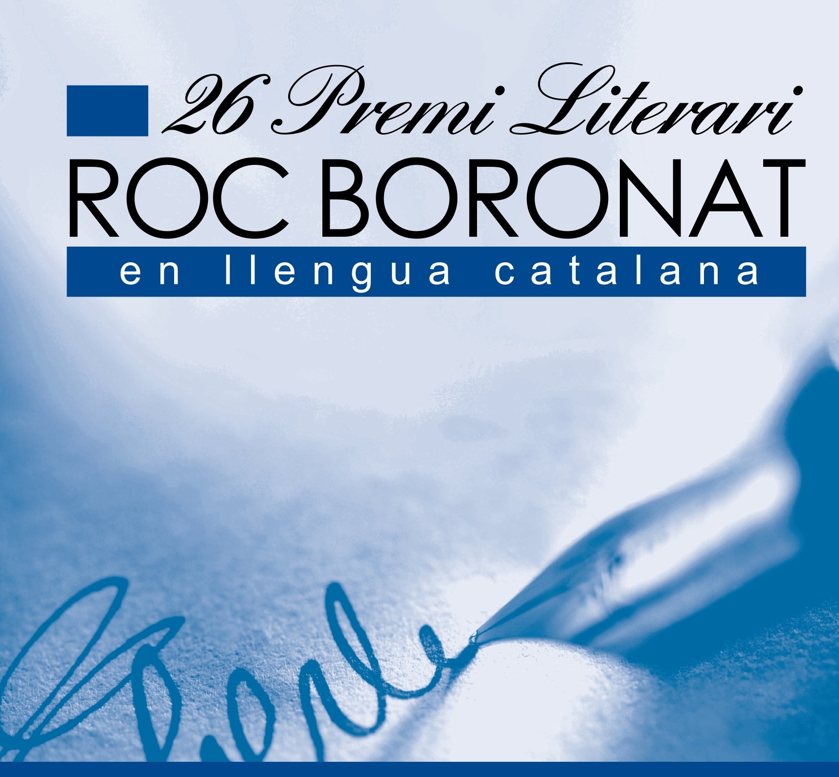 Imatge del cartell del 26 Premis Roc Boronat, sobre fons blau.