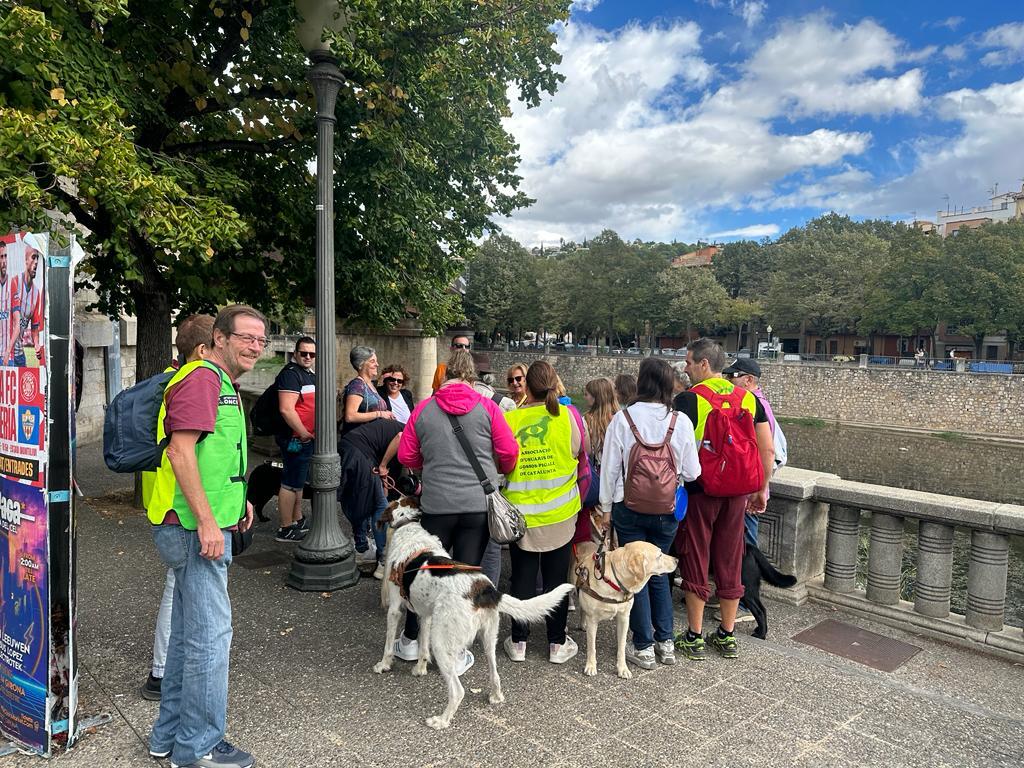 Grup de persones cegues amb el seu gos pigall, i voluntaris, al Parc del Migdia de Girona.