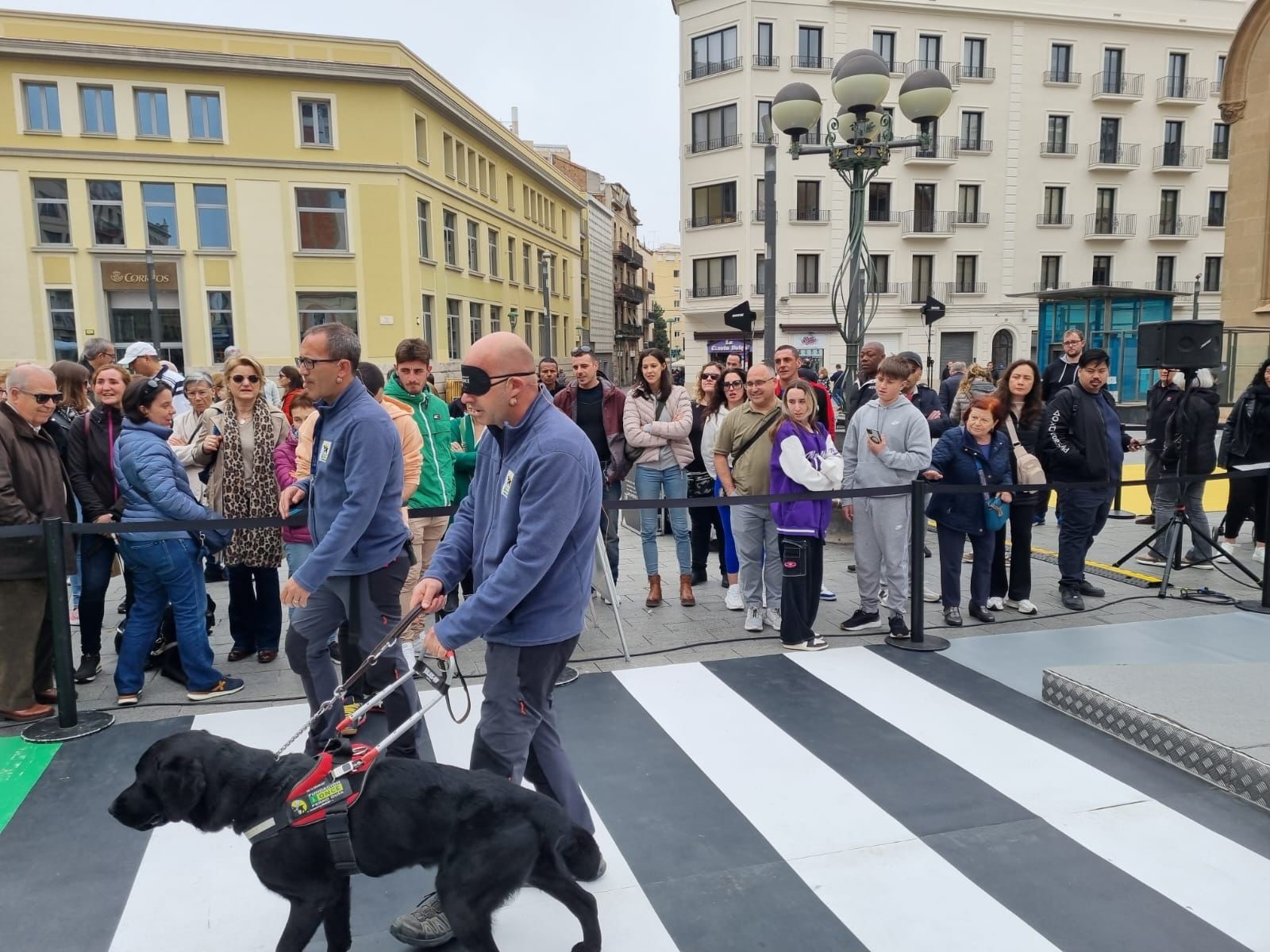 Els instructors de la FOPG amb un gos pigall caminen per la Plaça Corsini de Tarragona.