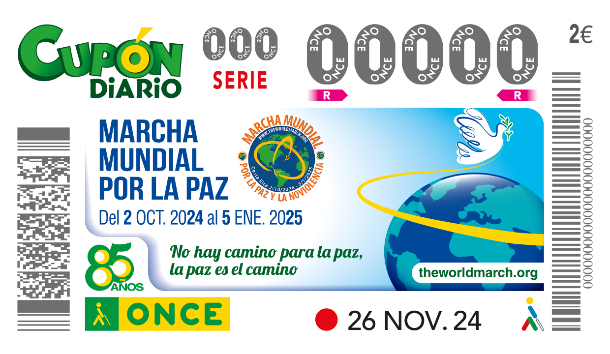 L’ONCE dedicà el cupó de dimarts 26 de novembre, a la Marxa Mundial por la Pau, amb el lema: ‘No hi ha camí per la pau, la pau és el camí’. Cinc milions de cupons van mostrar aquesta efemèride.