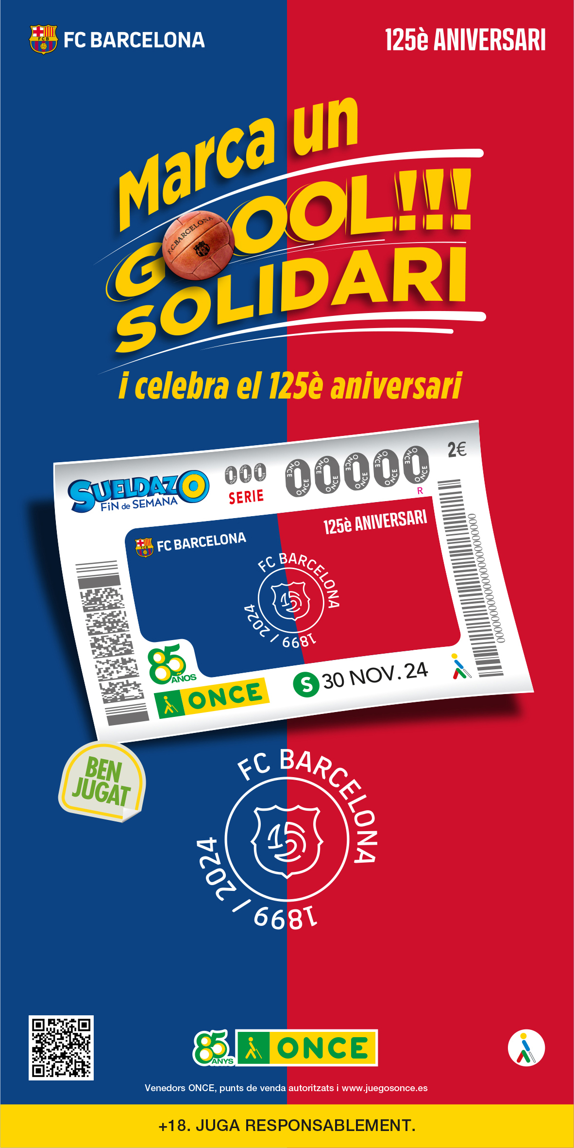 Cartell del Barça als quioscos de l'ONCE amb la llegenda: “Marca un gol solidari i celebra el 125è aniversari”, amb el fons blaugrana, i la imatge del cupó.