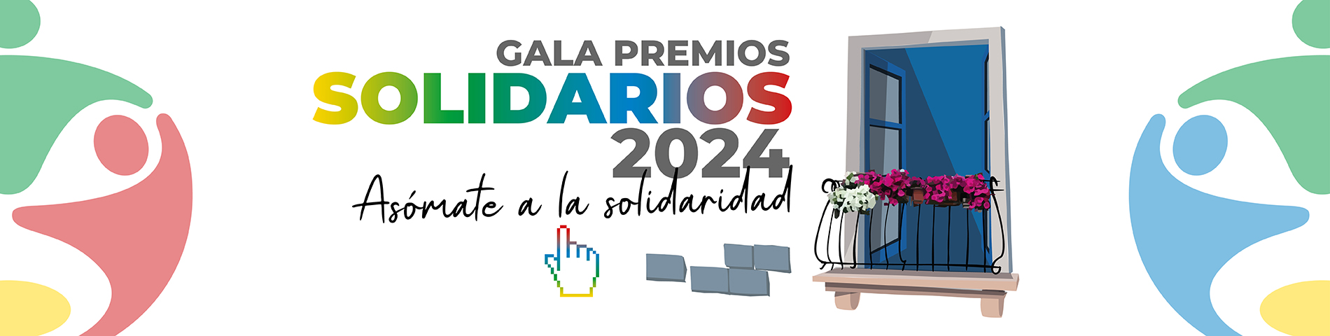 Banner con la frase 'Gala Premios Solidarios 2024. Asómate a la solidaridad'. Tiene un cursor debajo para hacer click, a la derecha el balcón de una casa con flores y en los laterales el logo de los Premios Solidarios del Grupo Social ONCE. (Obre una finestra nova)