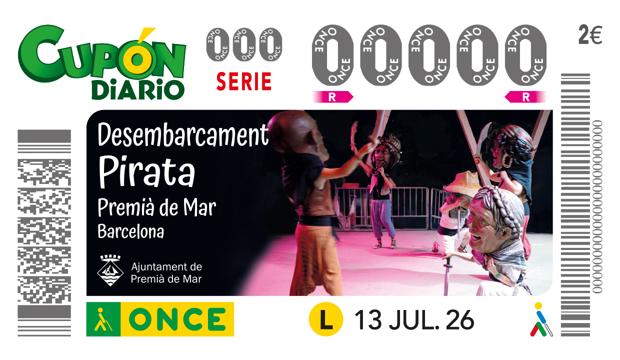 cupó que l’ONCE dedicà dilluns 13 de juliol a La Festa Major de Premià de Mar. Cinc milions de cupons van portar aquesta efemèride amb una imatge del Desembarcament Pirata, que enguany celebra els seus 30 anys.