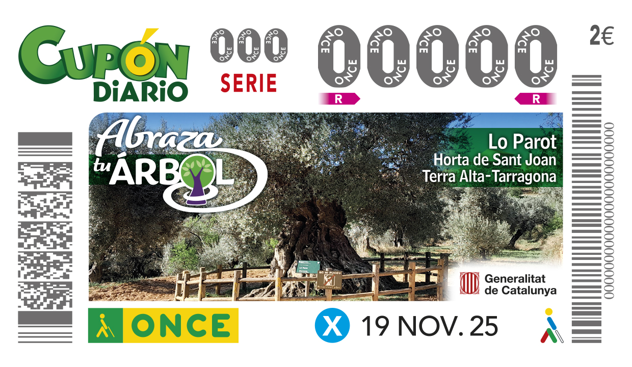 L’ONCE dedicà el seu cupó del dimecres 19 de novembre  a l’olivera Lo Parot, situada prop del poble d'Horta de Sant Joan, dintre de la sèrie ‘Abraça el teu arbre’. 