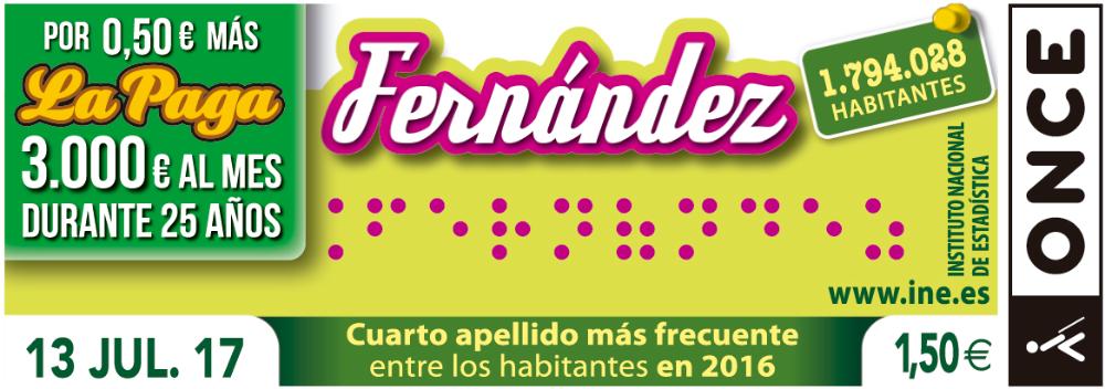 Finalmente, el jueves 13 fue el apellido Fernández el motivo del cupón. En España hay 1.794.028 personas con este apellido. Es una variante de Ferdinando, y proviene del germánico Fredenand o Fridnand. Patronímico de Hernando o Fernando, significa ‘guerrero esforzado’.