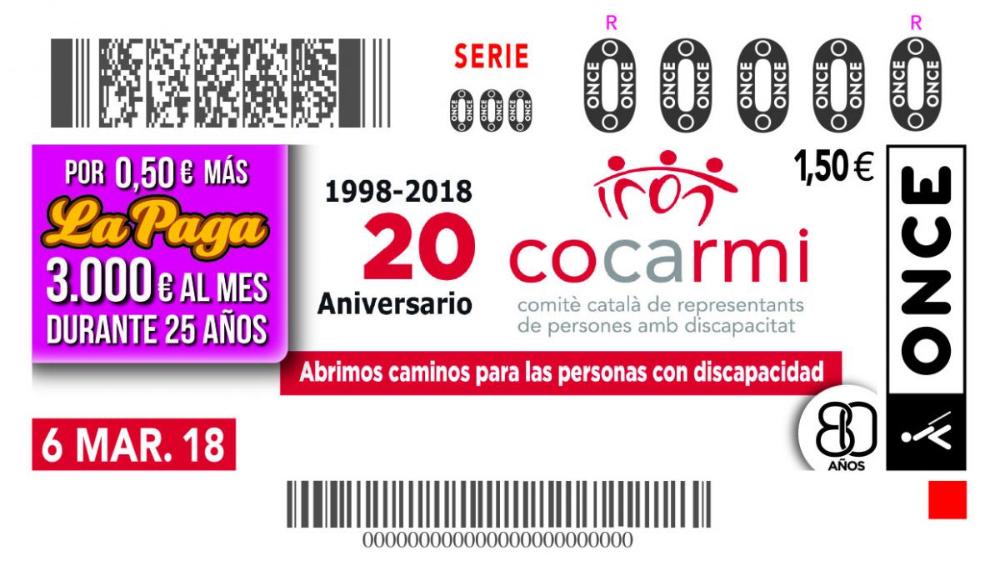El 20è aniversari del COCARMI va ser el protagonista del cupó de l’ONCE de dimarts 6 de març de 2018. Cinc milions i mig de cupons van portar aquest aniversari per tot l’Estat.
