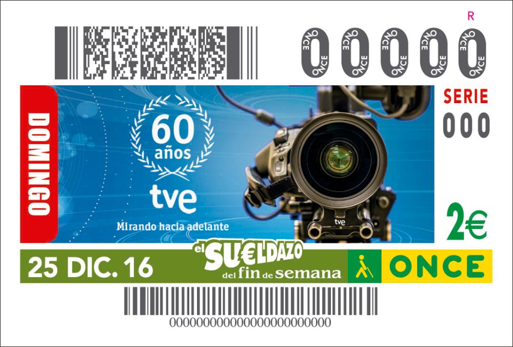 Imatge del cupó del 60è aniversari amb la llegenda '60 años TVE 'Mirando hacia adelante'.