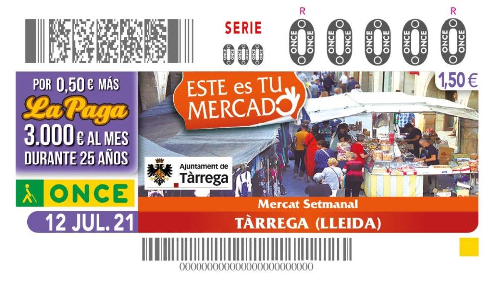 Imatge del cupó, amb els zeros, dedicat al Mercat Setmanal de Tàrrega.