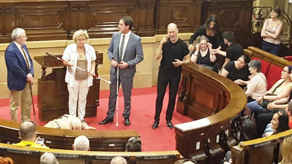 A la presidenta de la Comissió d’Afers Socials i Famílies, Magda Casamitjana, el delegat territorial de l'ONCE Catalunya, Xavier Grau, i el president del Consell territorial, Enric Botí, li van lliurar un bastó vermell-blanc, símbol de les persones amb sordceguesa. 