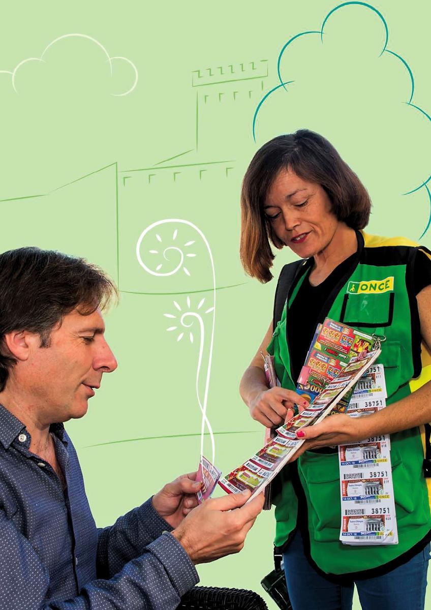 Venedora ONCE amb client.