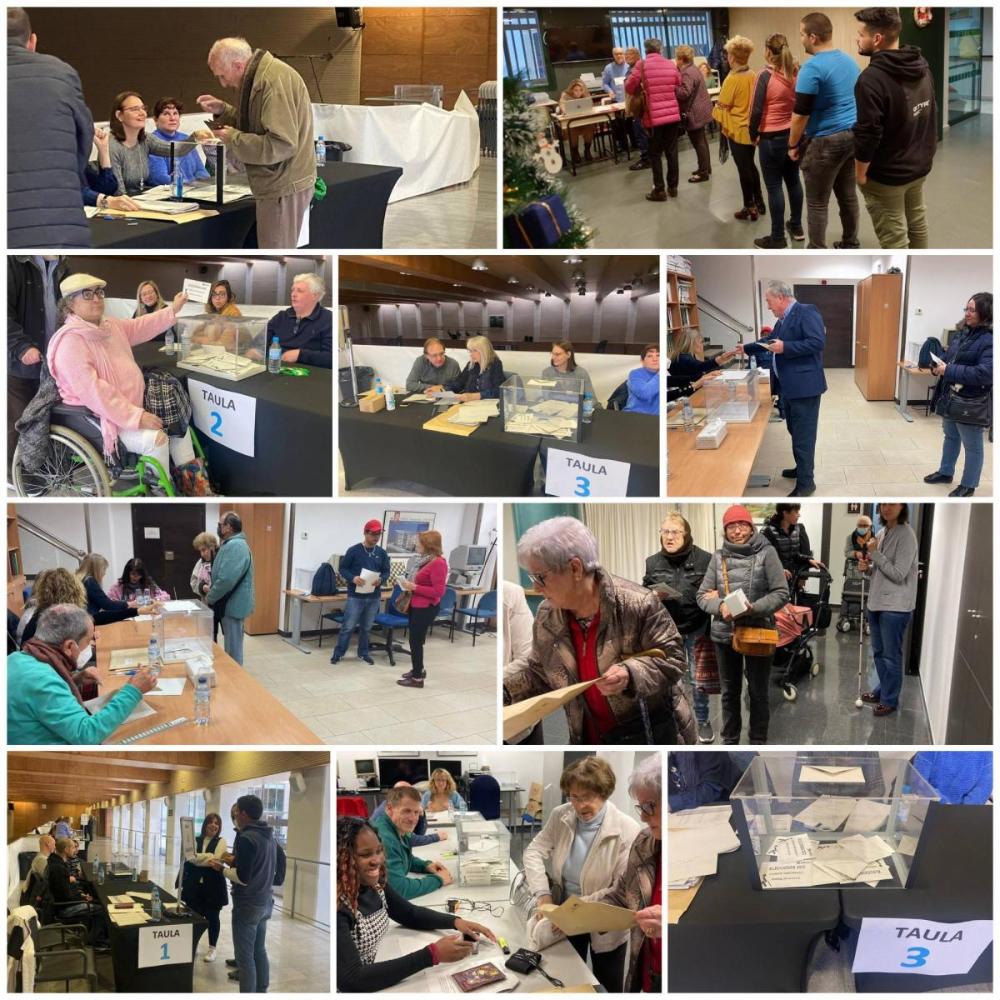 Collage con diferentes momentos de la jornada electoral en Cataluña