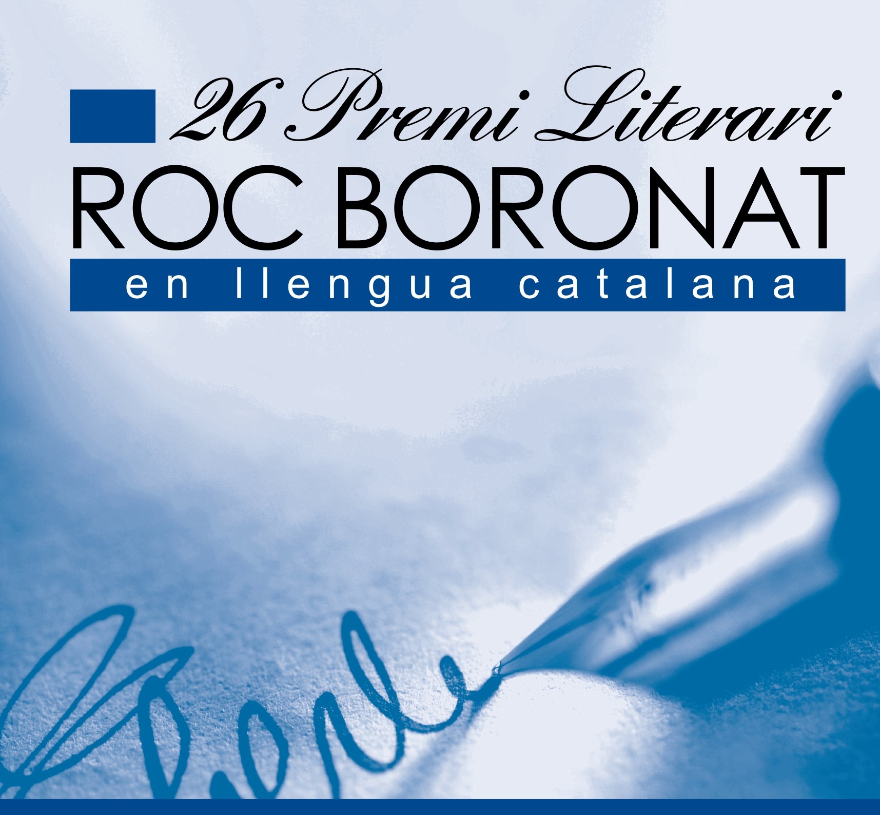 Imatge del cartell del 26 Premis Roc Boronat, sobre fons blau.