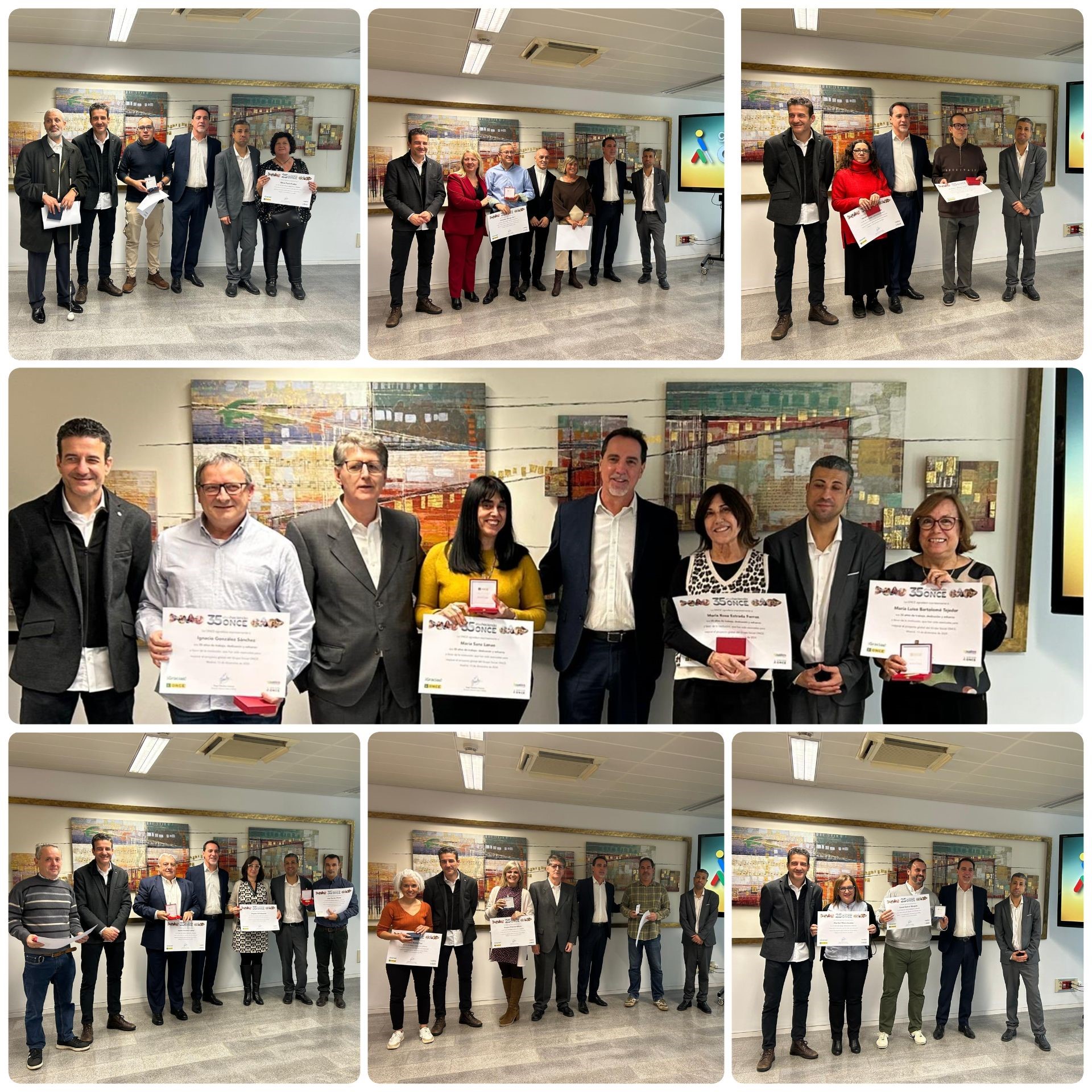 Collage amb els diferents grups que van rebre les medalles de 25 i 35 anys a la Delegació Territorial de l'ONCE a Catalunya.