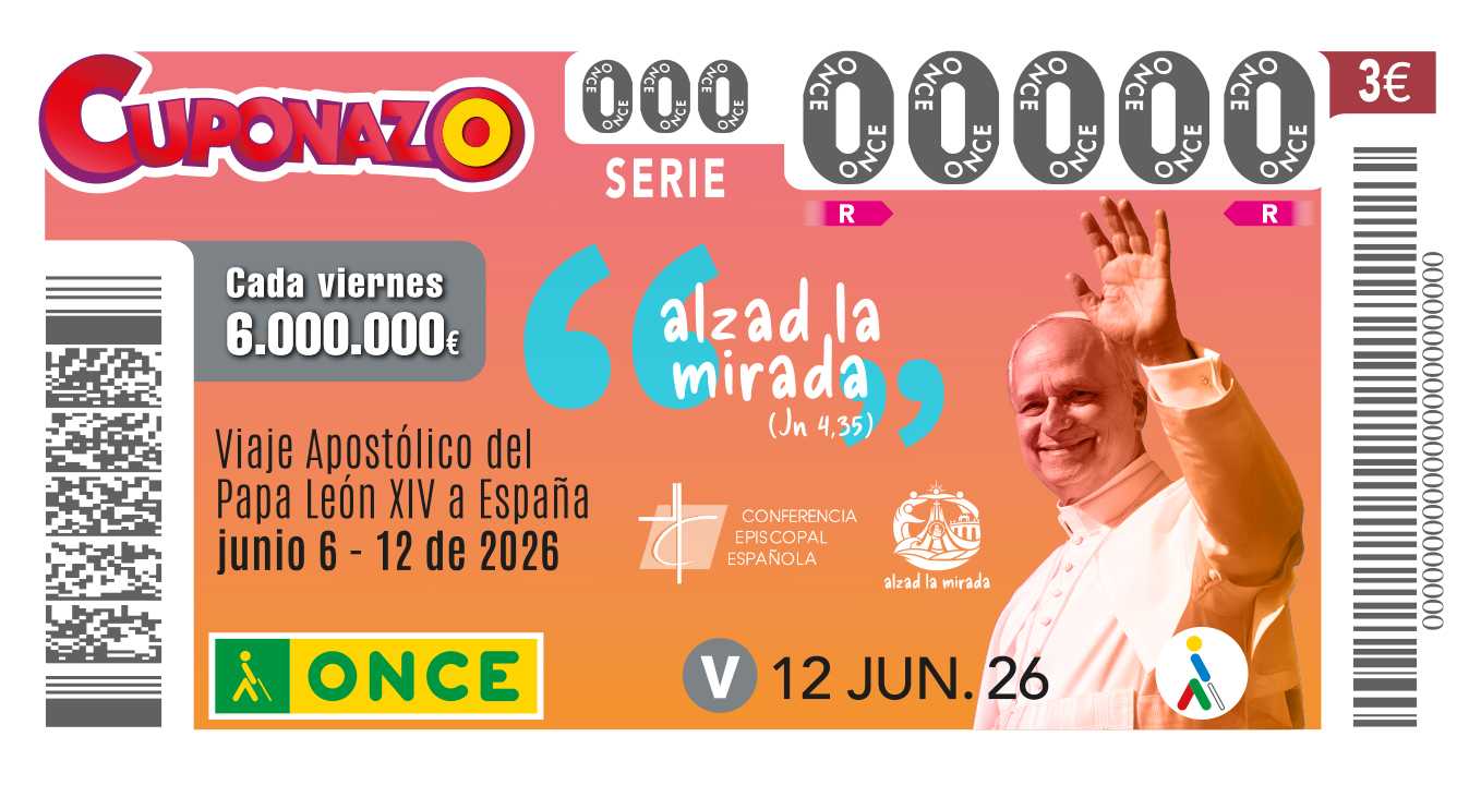 Imatge del cupó dedicat a la visita del Pap amb el lema 'Alzad la mirada'.